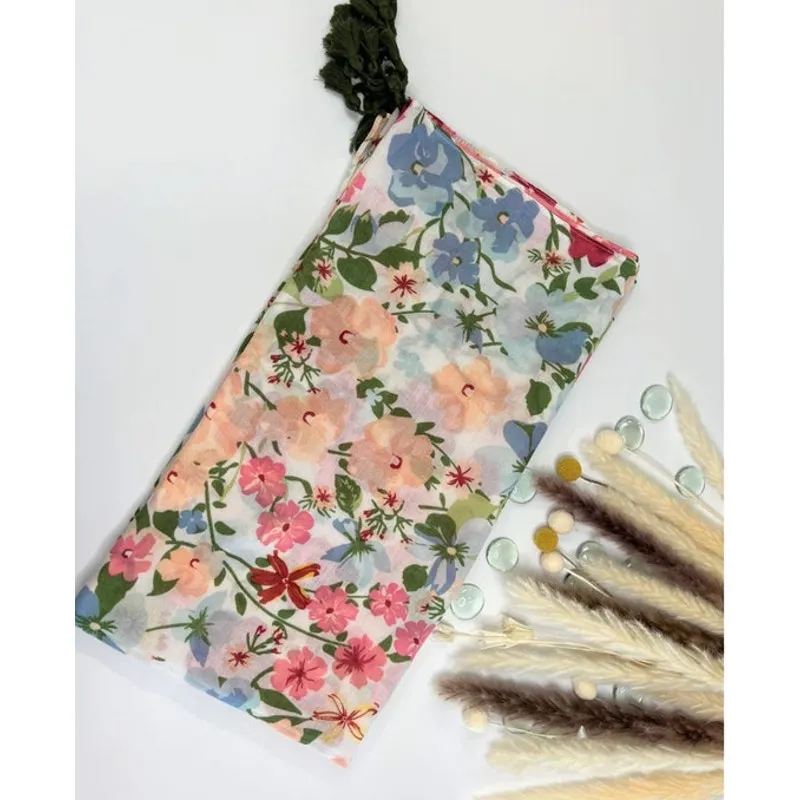 NEW Boho Exotic Floral Design Tasseled Rectangle Soft Chic Scarf L Cream White - Image 5