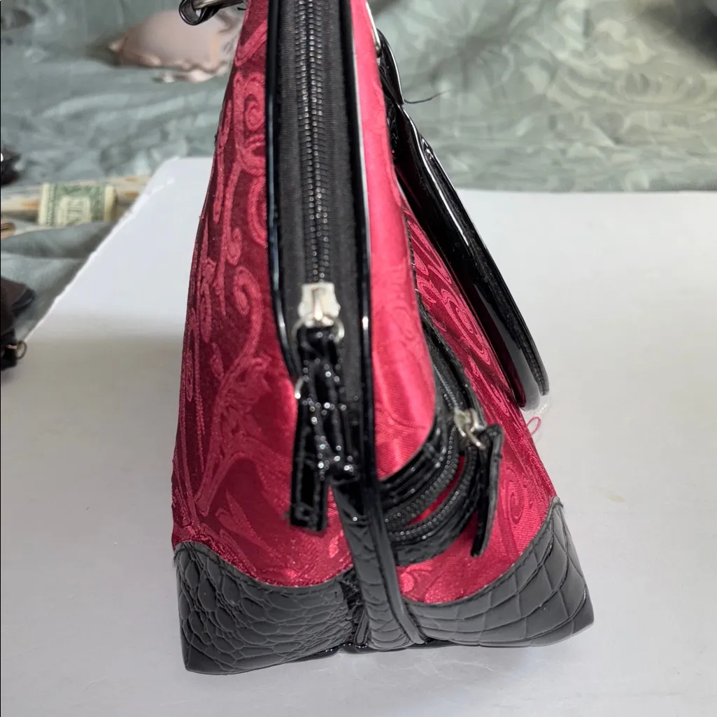 ESSENCE OF BEAUTY RED COLOR HAND BAG WITH FAUX BLACK CROC PATENT LEATHER TRIM - Image 6