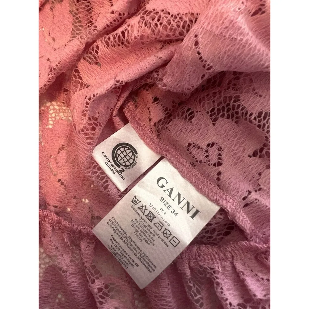 GANNI Lace stretch TOP PINK Floral Size 34 Long Sleeve Turtleneck Blouse #101 - Image 2