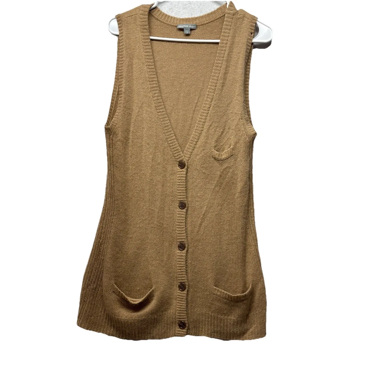 James Perse Sz 3 100% Cashmere Long Cardigan Sweater Tie Belt Sleeveless Tan - Image 2