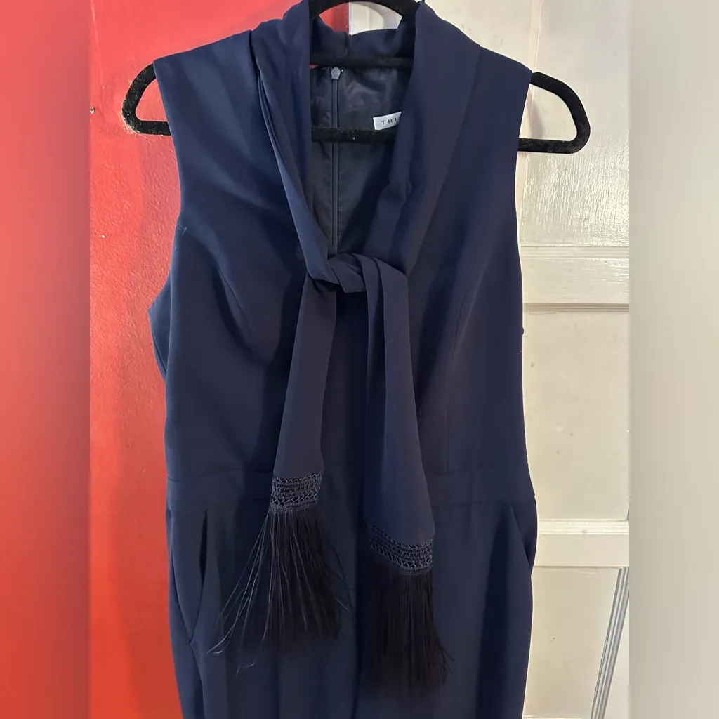 Trina Turk Momo Fringe Jumpsuit Navy Blue Wide Leg Sleeveless Scarf - Image 10
