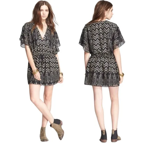Free People Love Your Chaos Mini Dress Womens Medium Black Gold Drop Waist Tunic - Image 2