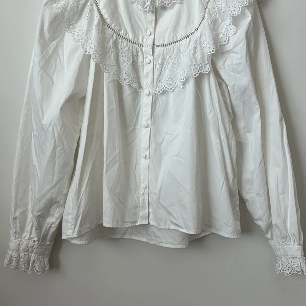 Emerson Fry Eyelet Ruffle White 100% Cotton Blouse Size XS - Image 3