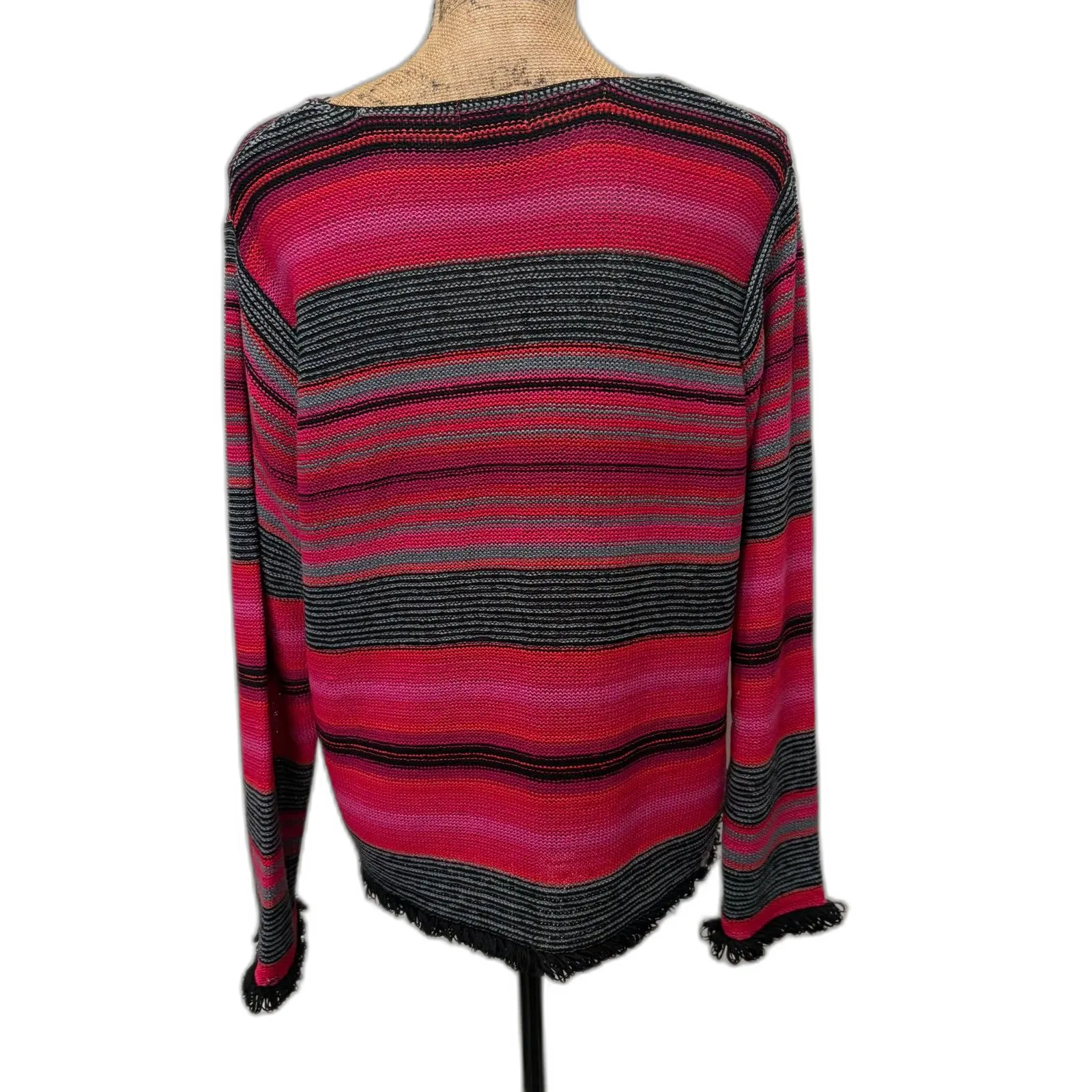 Vintage 90s Sigrid Olsen Sport Striped Sweater Pink Black Fringe Trim Size XL‎ - Image 3