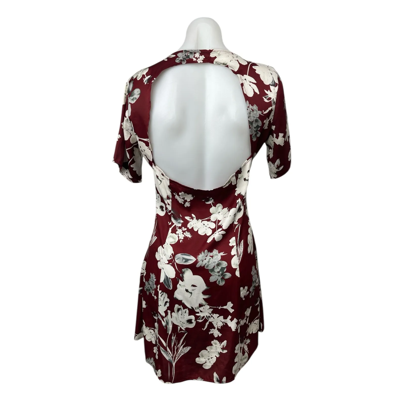Missguided Red Floral Satin V-Neck Open Back Short Sleeve Mini Shirt Dress Sz 10 - Image 2