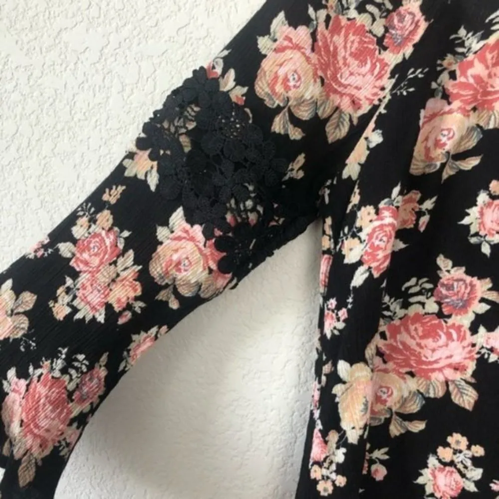 Shyanne Country Black Floral Long Bell Sleeve Off Shoulder Top S - Image 4