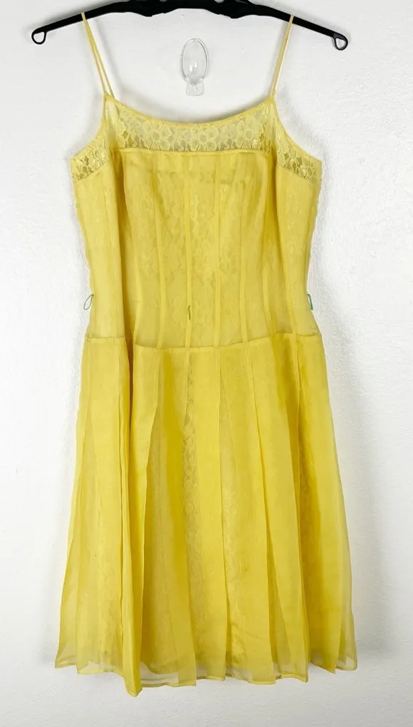 KAY UNGER 100% Silk Canary Yellow Spaghetti Straps Pleated Dress, Size 6 - Image 1