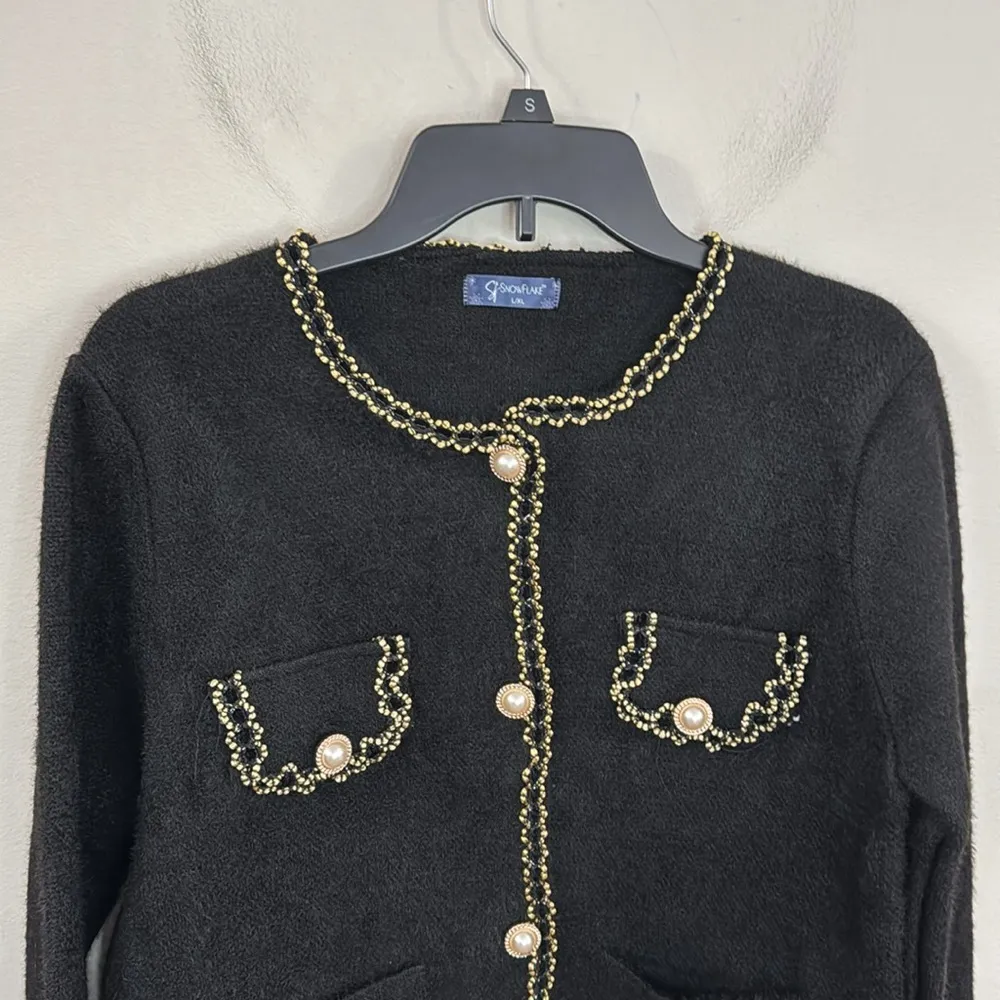 Snowflake black ladylike Knit Jacket gold thread trim Size L / XL - Image 3