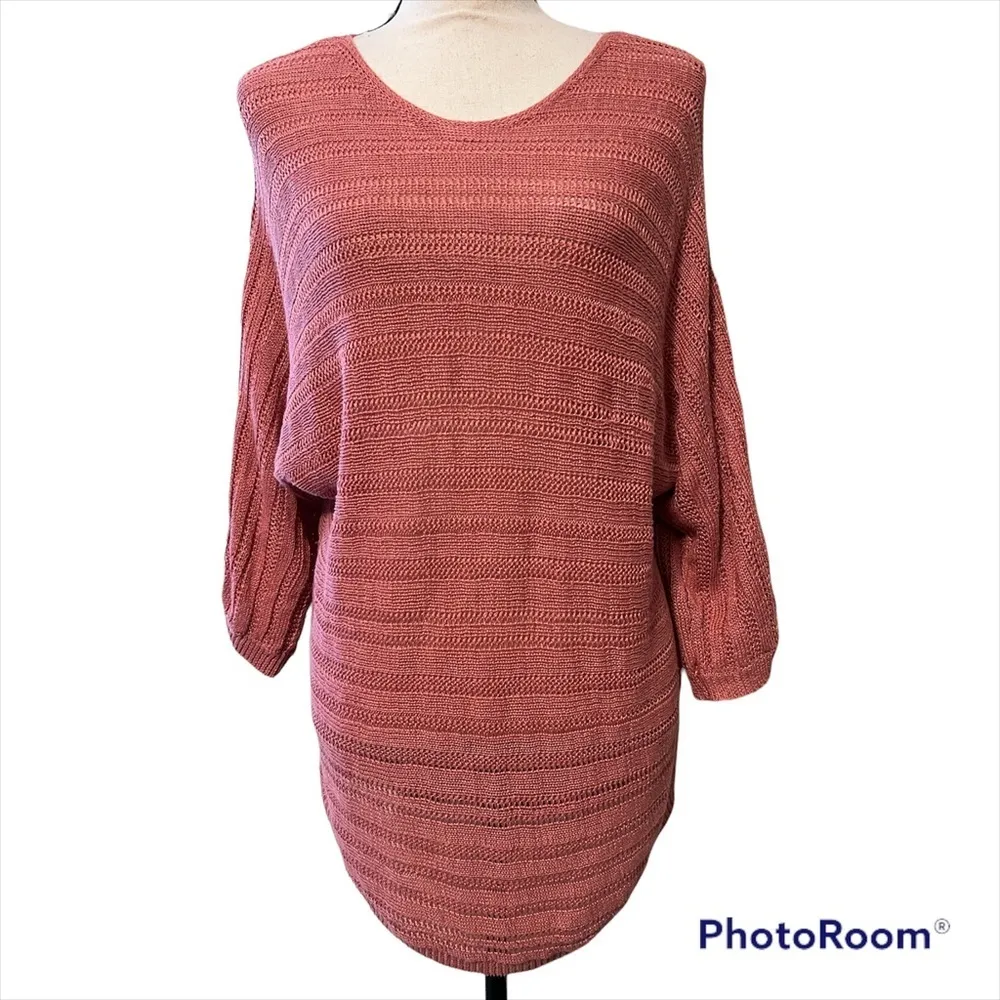 TAHARI medium 100% linen pullover sweater short sleeve open knit blush color - Image 10