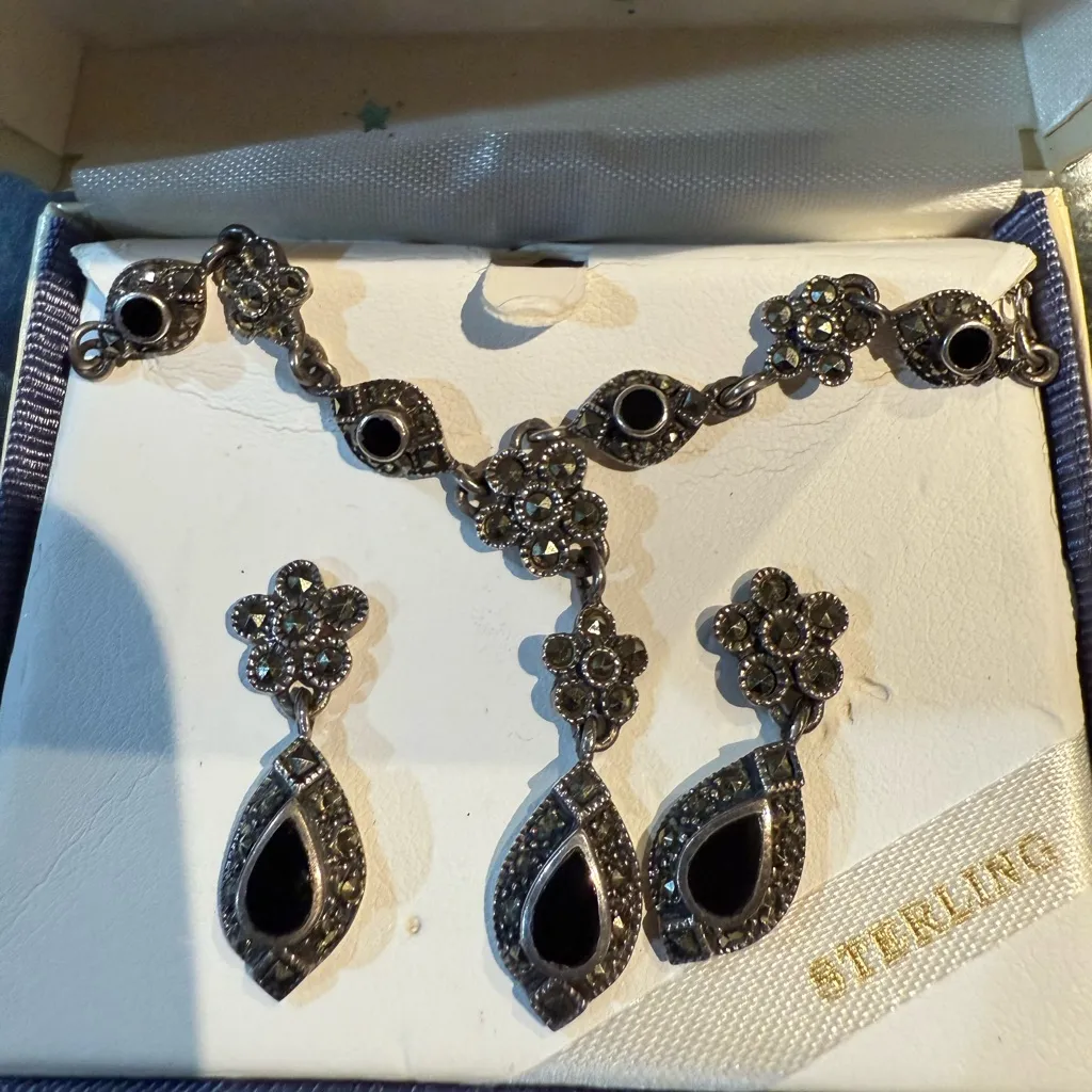 VTG ‎ Black Onyx Marquesite Art Deco Sterling Silver Necklace & Earring Set 925 - Image 2