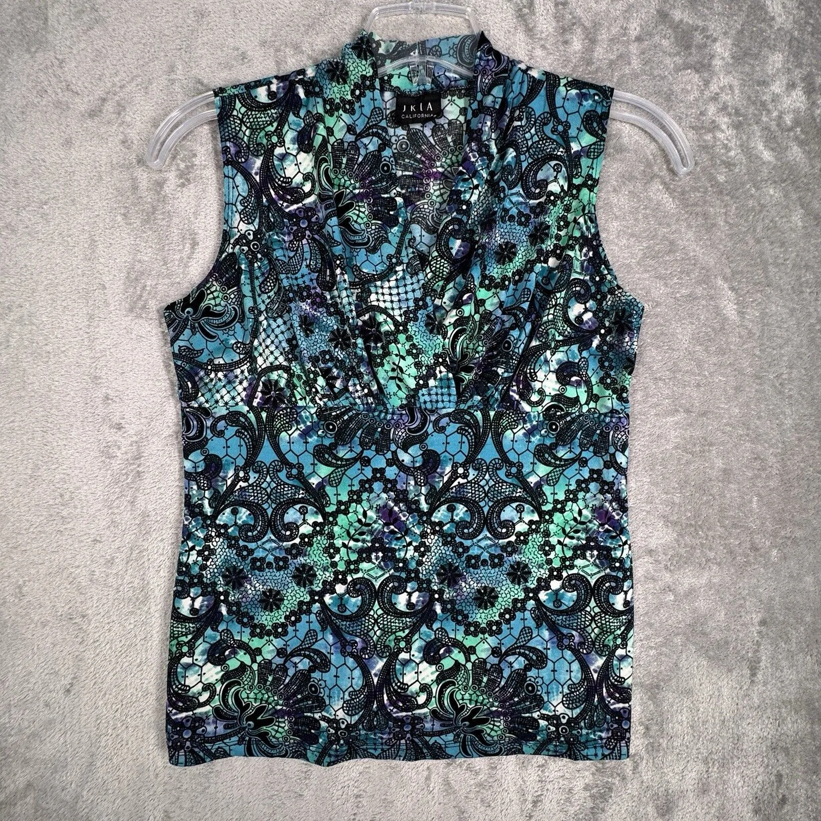 JKLA California Shirt Womens Medium Black Blue Geometric Floral Vintage 2000 Y2K - Image 2