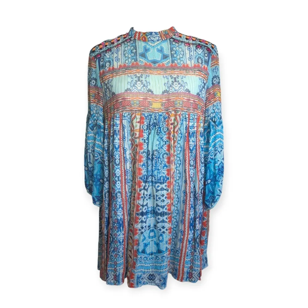 Hemant & Nandita Silk Mini Dress Bohemian Blue and Red Patterned Size Medium - Image 2
