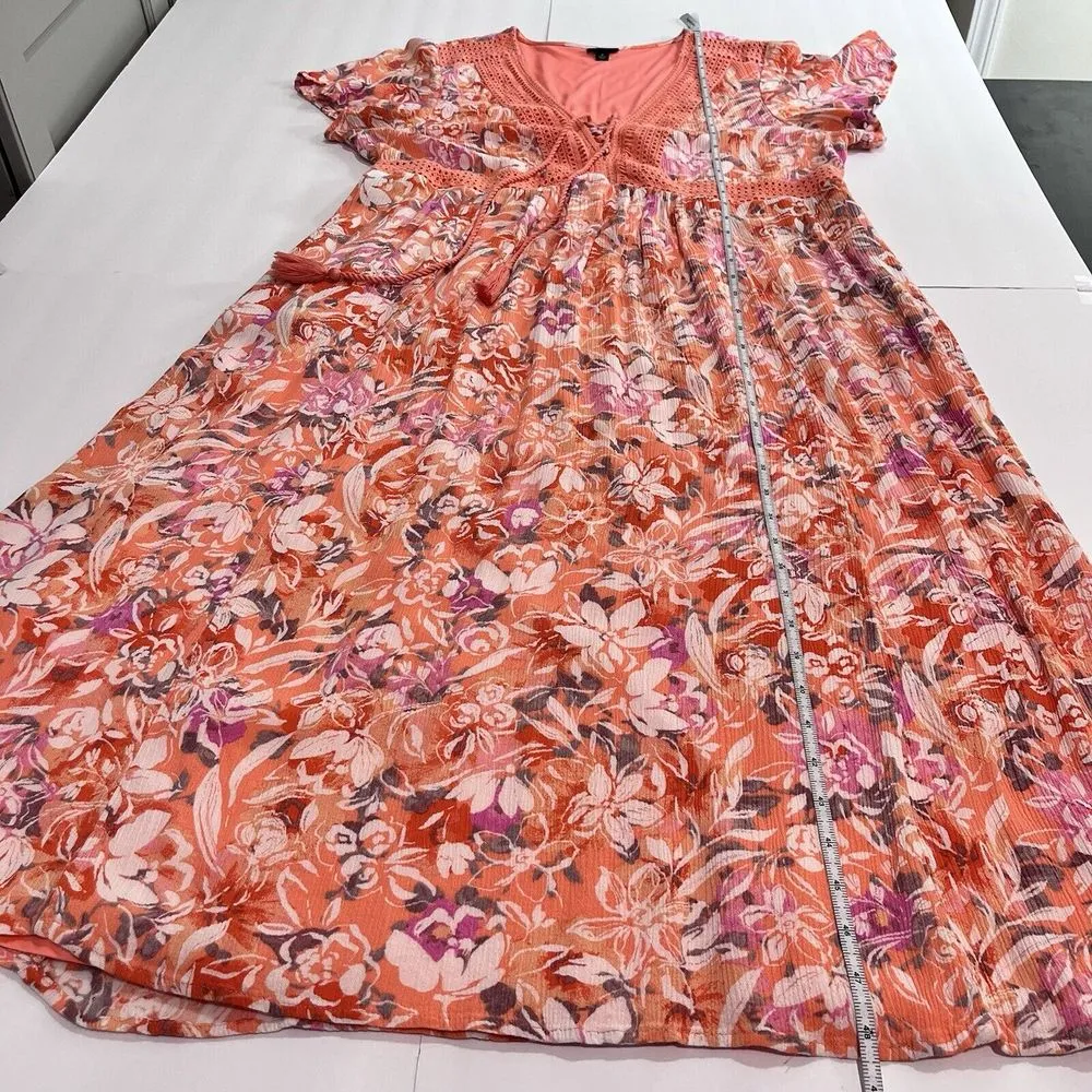 Torrid Coral‎ Floral Crinkle Gauze Lace Up Midi Dress Size 2X Pockets Tassels - Image 12