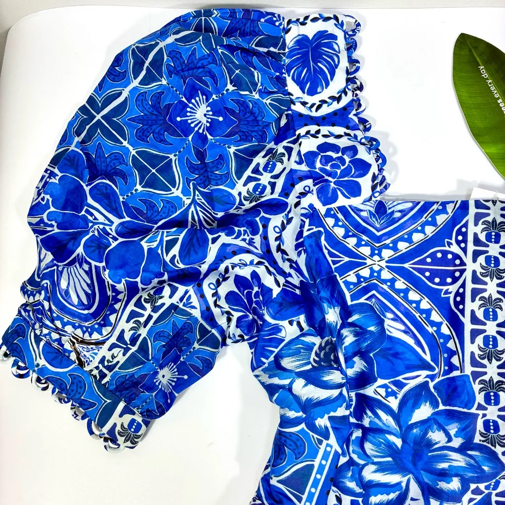 FARM Rio Tile Dream Cotton Puff Sleeve Peplum Top Blouse Blue White Large NWT - Image 10