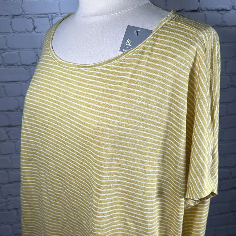 Eileen Fisher Yellow Ochre Organic Linen Jersey Skinny Stripes Boxy Top XL NEW - Image 7