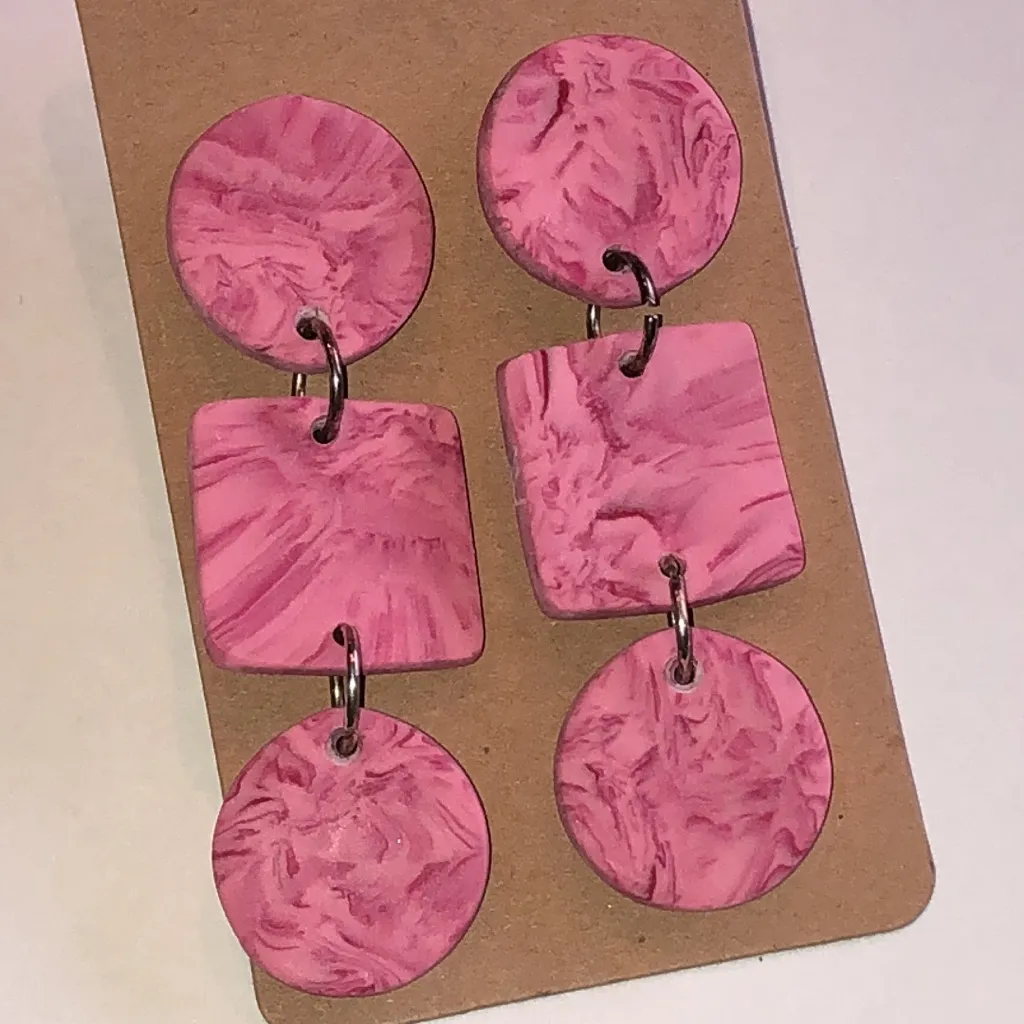 Pink Marbled Retro Boho Clay Dangle Earrings - Image 2