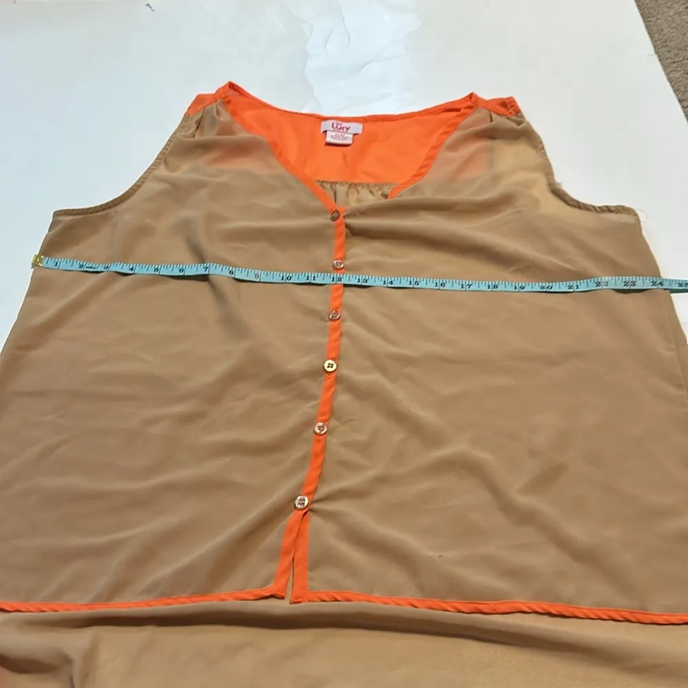 Lucy Diamonds 3X Tan & Coral Button Down Sheer Tank Top - Image 3