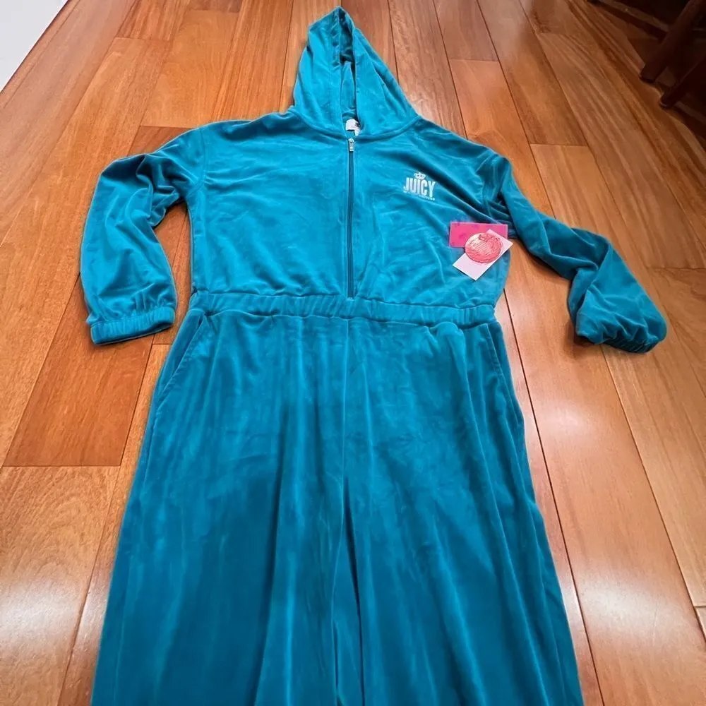 NWT Juicy By Juicy Couture Jumpsuit peacock Velour Hooded Long Sleeve Zip Up L - Image 7