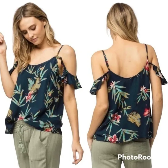 Roxy Dreamland Groove Top Blue Floral Cold Shoulder S Boho Chic Garden Party - Image 2