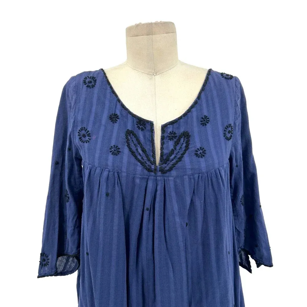 Thierry Colson Navy Blue Embroidered Kaftan Mini Shift Dress‎ Size Medium - Image 2