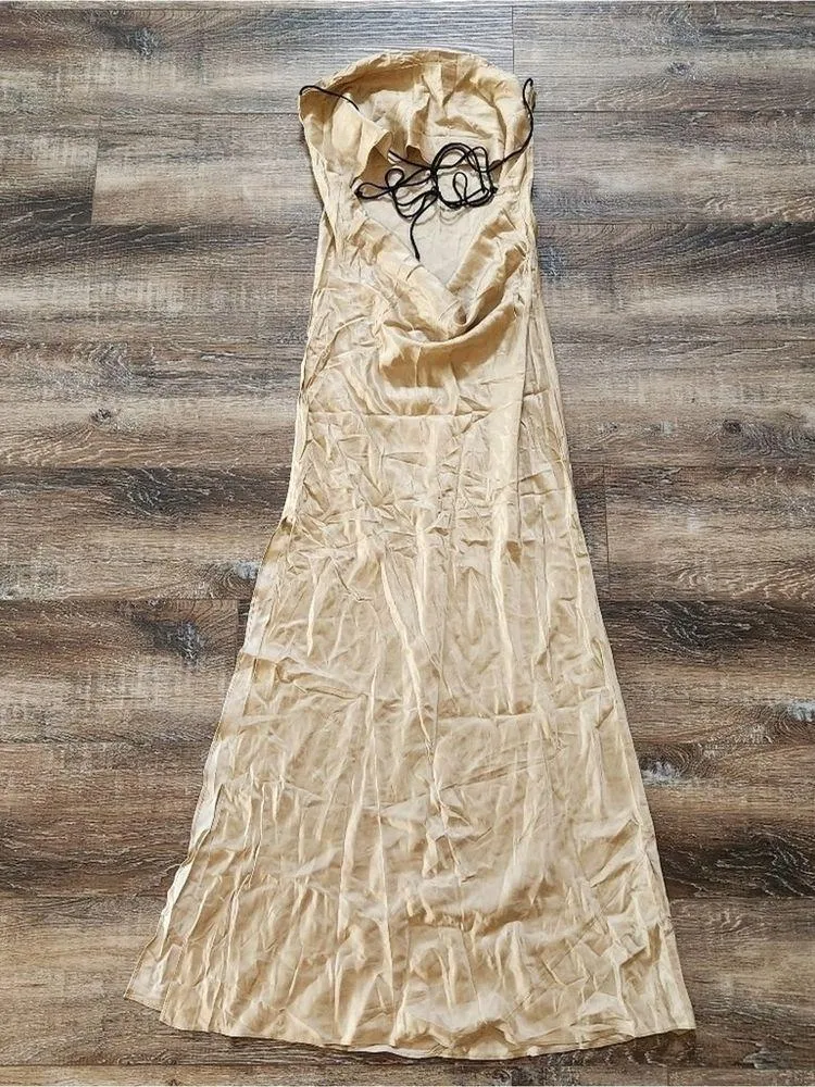 Weekend Stories Gabrielle Midi Dress Small In Champagne Satin NWT Sleeveless - Image 6