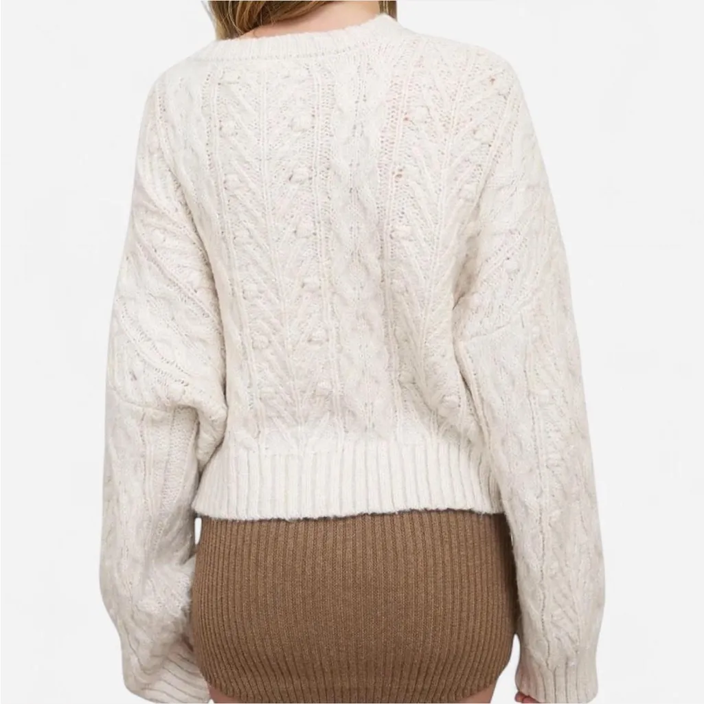 Nordstrom Blu Pepper Off White Velvet Bow Cable Stitch Cardigan Sezane Inspo M - Image 2