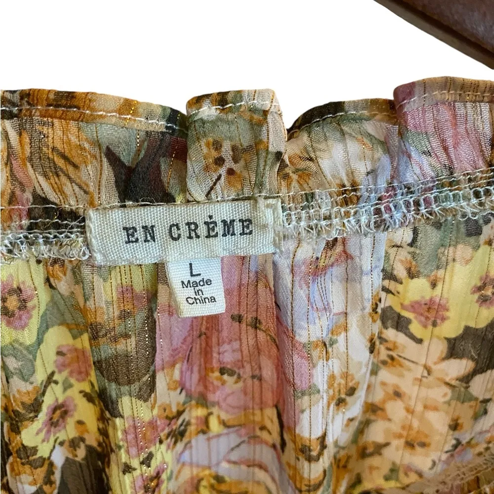 En Creme sheer floral pink gold Fairy ruffle long sleeve tie front blouse boho Size L - Image 3