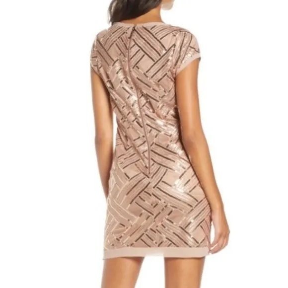 Eliza J Lattice Pattern Sequin Sheath Dress Rose Gold Taupe Women’s Size 6 - Image 3