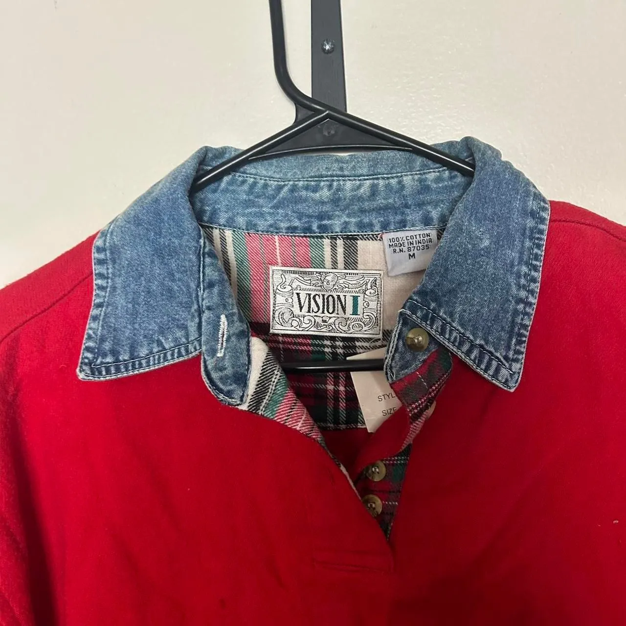 vintage 90s 1990s retro aesthetic Red denim collar button up shirt with plaid - Image 5