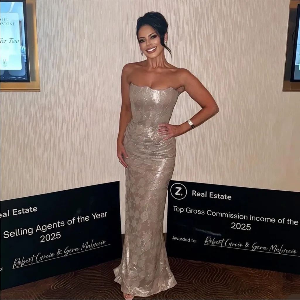 House of CB Persephone Pale Gold Chiffon Mesh Strapless Corset Maci Dress M - Image 8