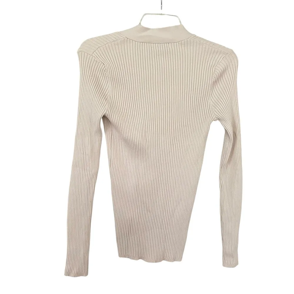 Sandro Cream Wool Blend Ribbed Knit Logo Button Front Cardigan Sweater Size 2 - Image 5