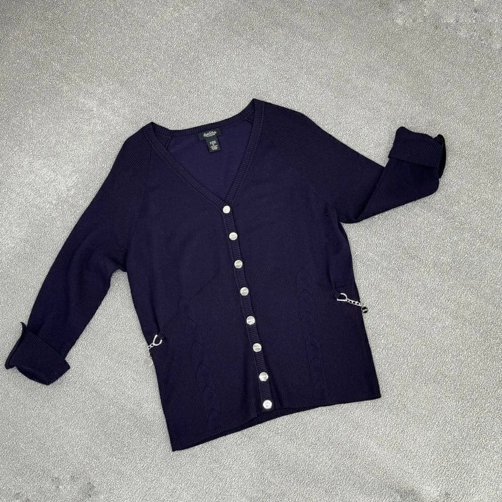 Peck & Peck Collection V Neck Chain Detail Cardigan Sweater Purple XL Button - Image 11