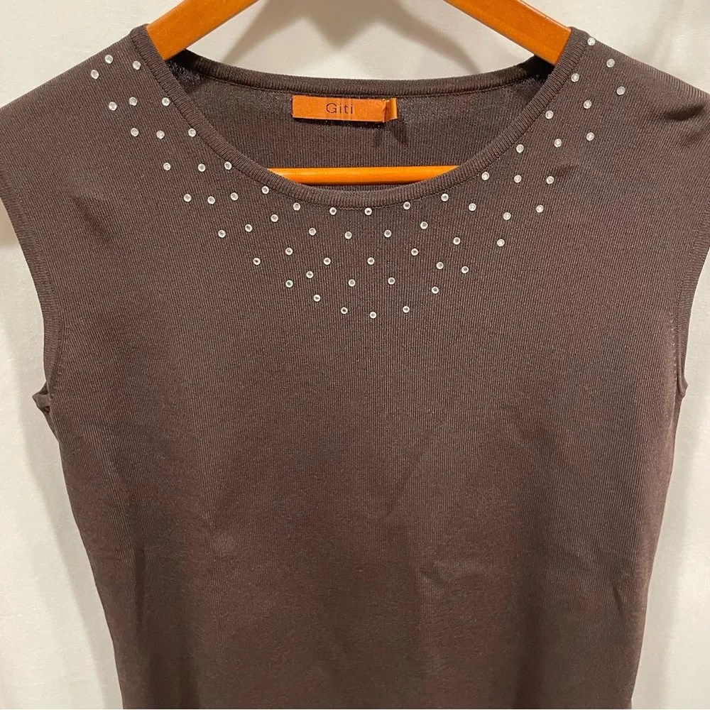 Beautiful Y2K brown sleeveless shell duster rhinestone 2pc sweater set Silver Size L - Image 6