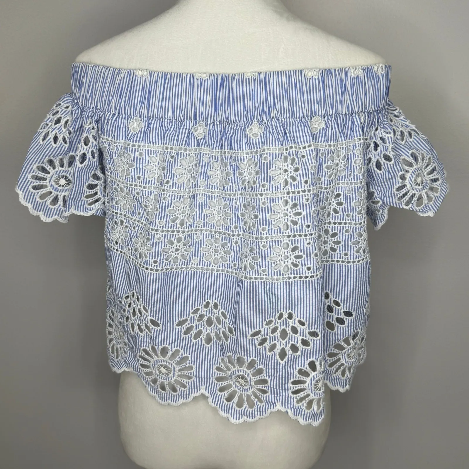 Sea‎ New York Off Shoulder Eyelet Top Size 2 Blue White Stripe Scallop Hem Boho - Image 8