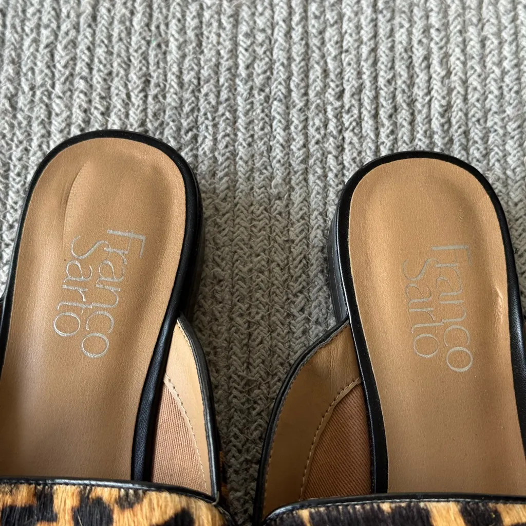 Franco Sarto Leopard Print Genuine Calf Hair Leather Loafer Mules Slides Sz 7 - Image 7