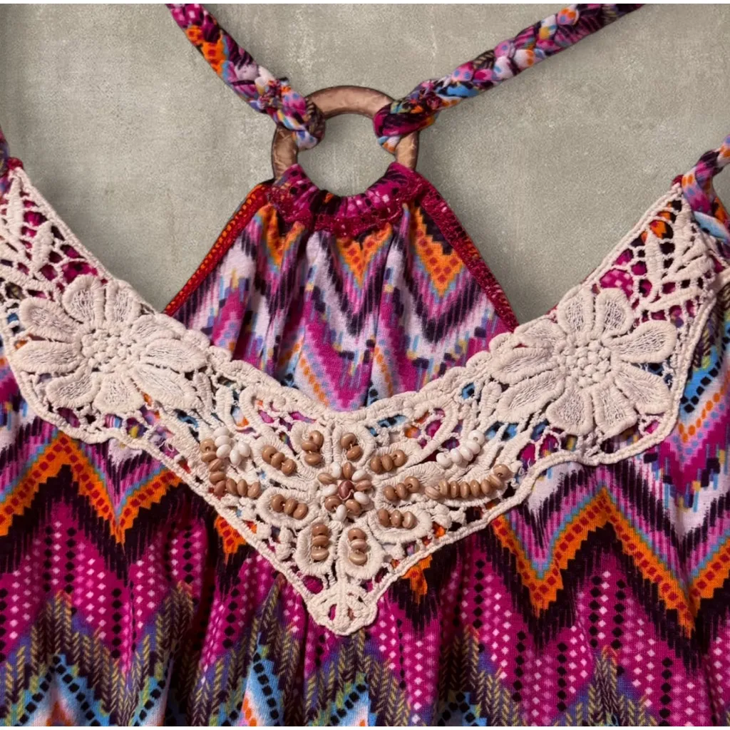 No Boundaries Zigzag Beaded Halter Tank Boho Y2K Festival Top Juniors M - Image 5