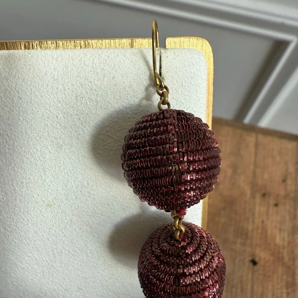 Statement Burgundy Beaded Tassel Earrings Wine Red 7” - Image 3