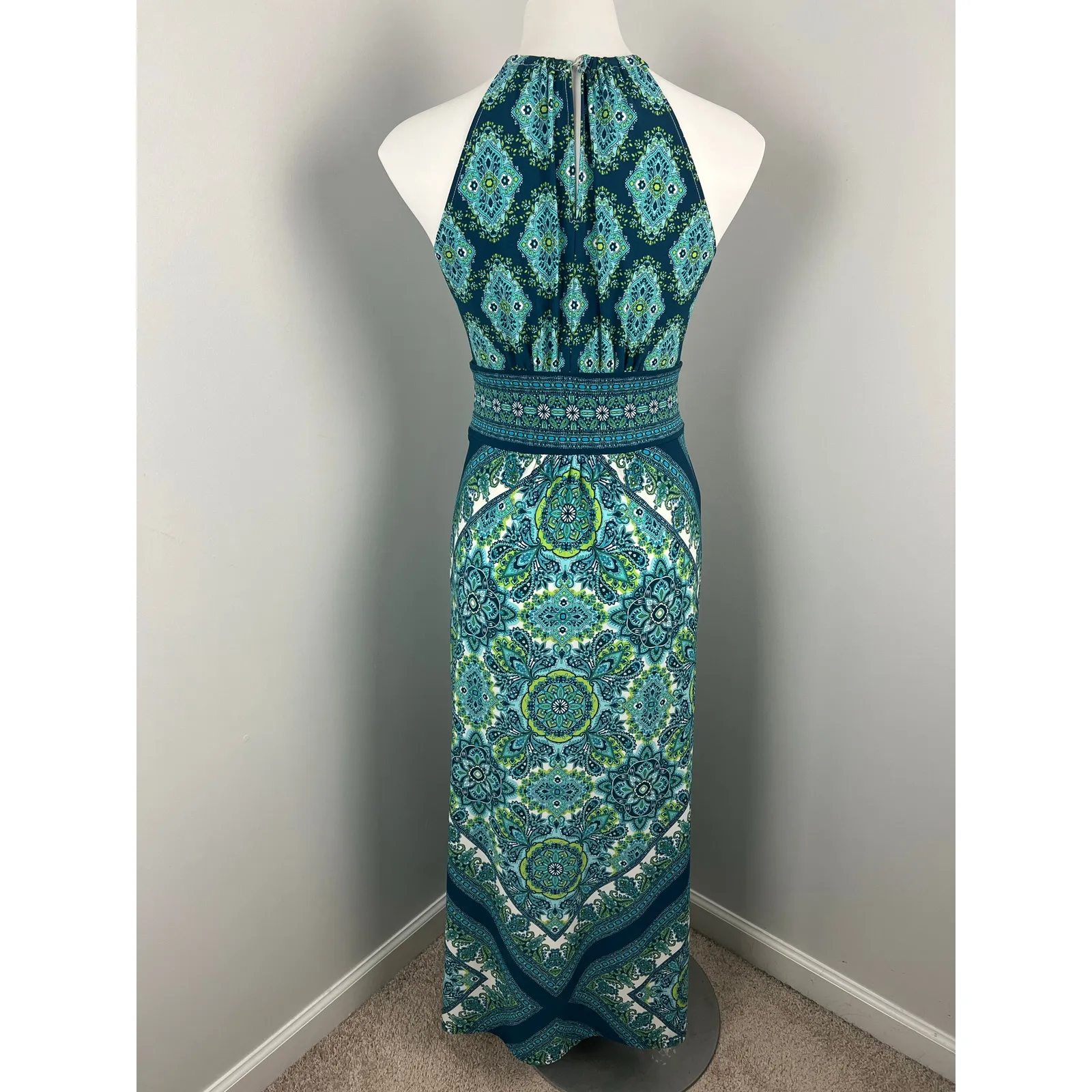 London Times Sleeveless High Neck Green Blue Paisley Print Dress Stretch 4 - Image 4