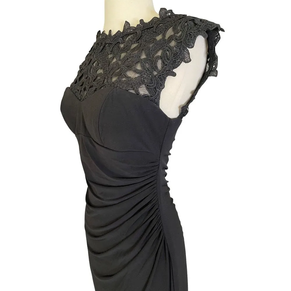 XSCAPE Cap Sleeve Jersey Dress in Black Lace Illusion Yoke Side Ruching Size 6 - Image 10