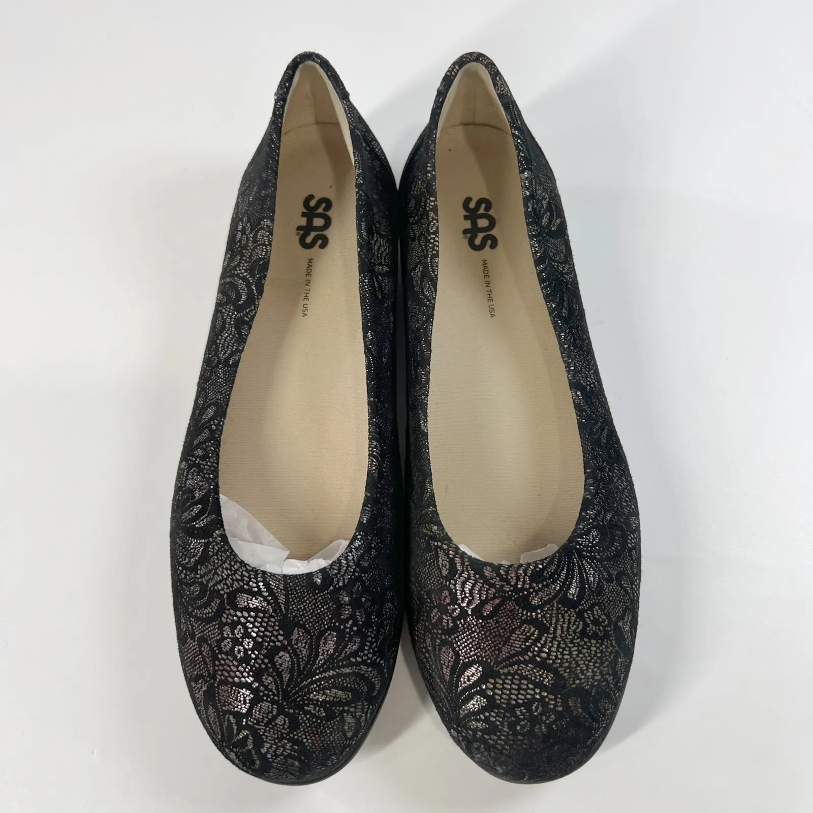 SAS Women's 9.5M Lace Ballet Flats‎ Black Metallic Floral Comfort Shoes USA Made Size 9.5 - Image 3