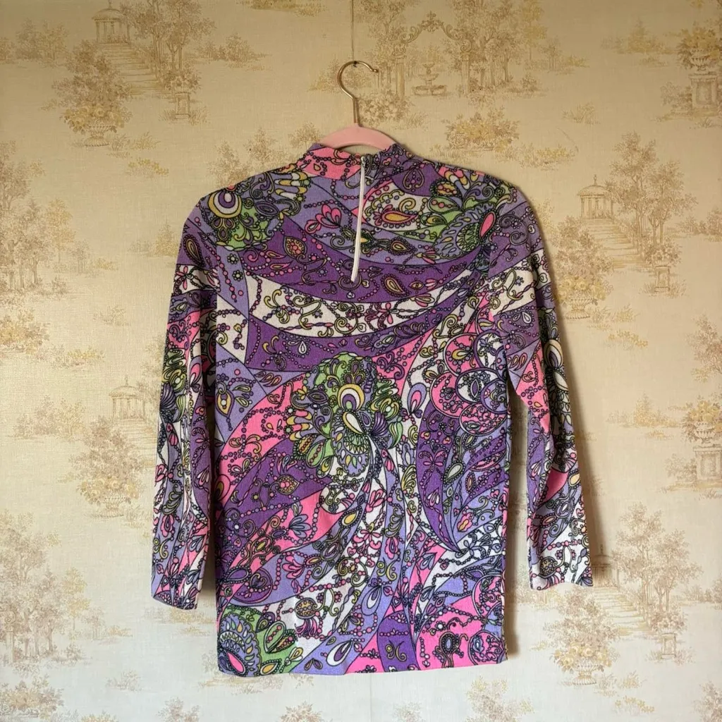 Vintage 60s 70s purple pink psychedelic paisley long sleeve retro top S/M Size M - Image 3