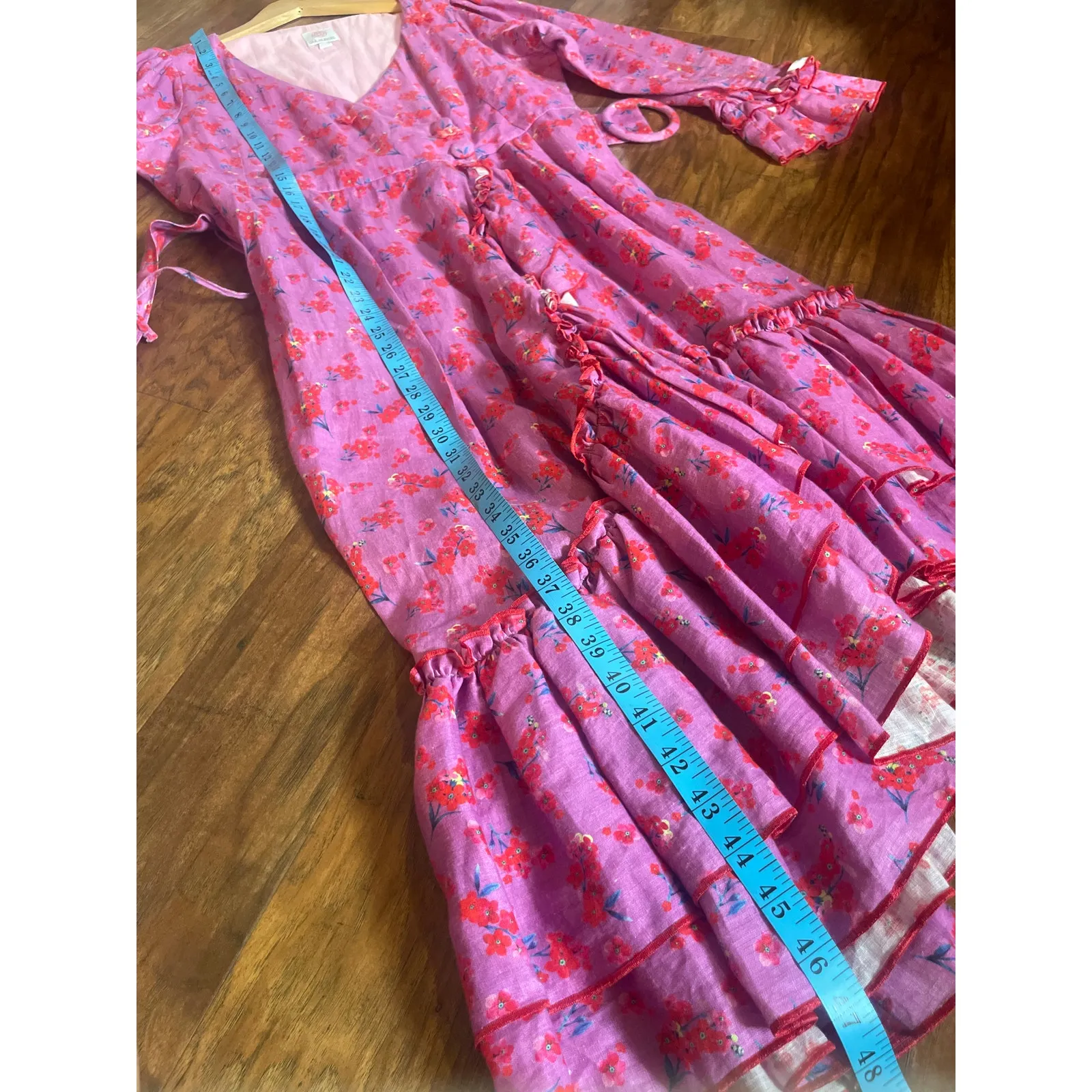 GUL HURGEL Printed Linen Midi Wrap Dress Belted Floral Ruffle Size Medium M Purple - Image 9