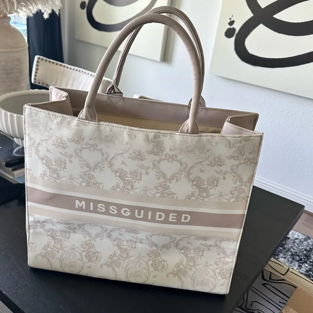 Missguided  beige logo oversized XL canvas structured tote bag purse laptop - Image 5