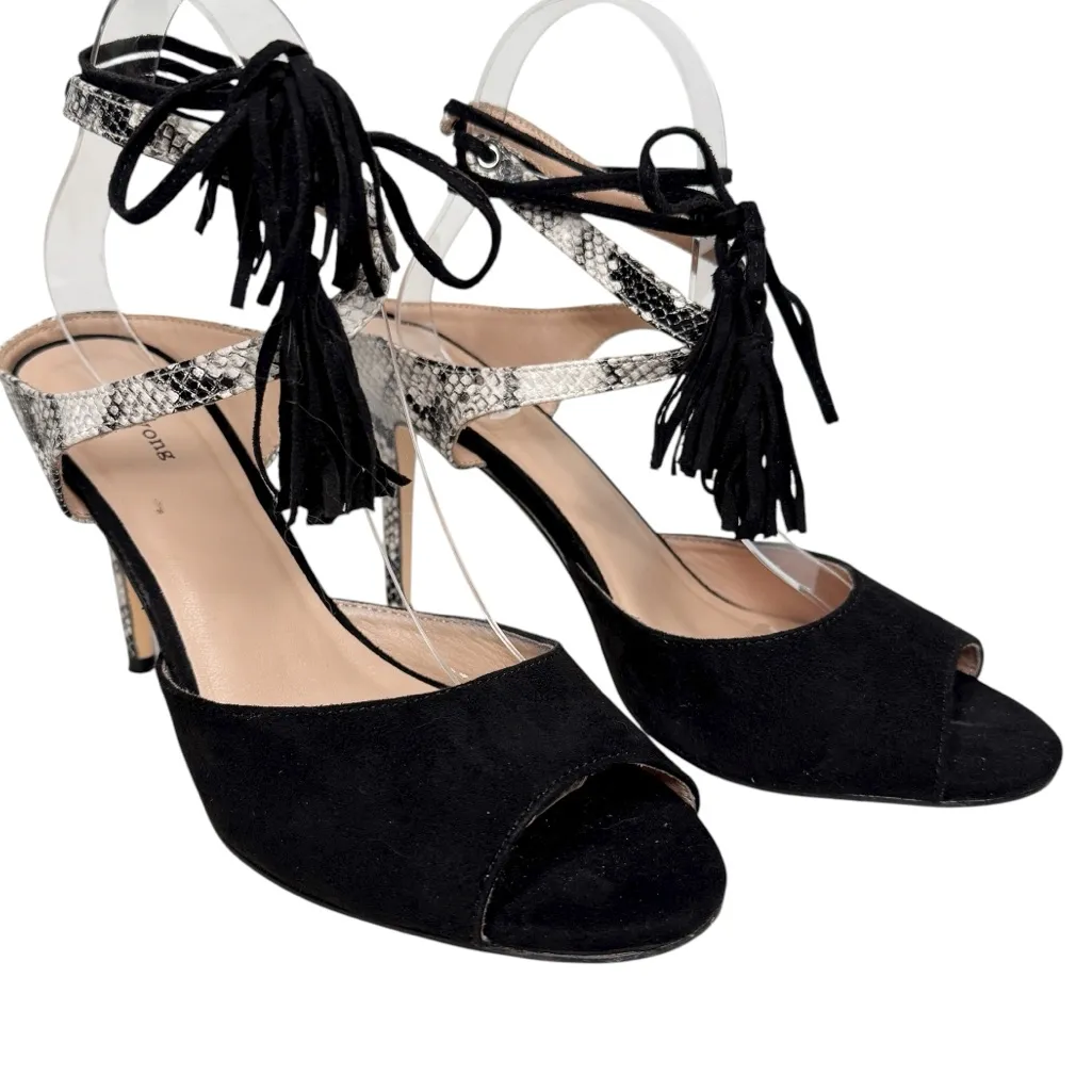 Oilyong Fringed Black Fashion Stiletto Snakeskin Cross Strap Sandals Sz 8.5 - Image 2