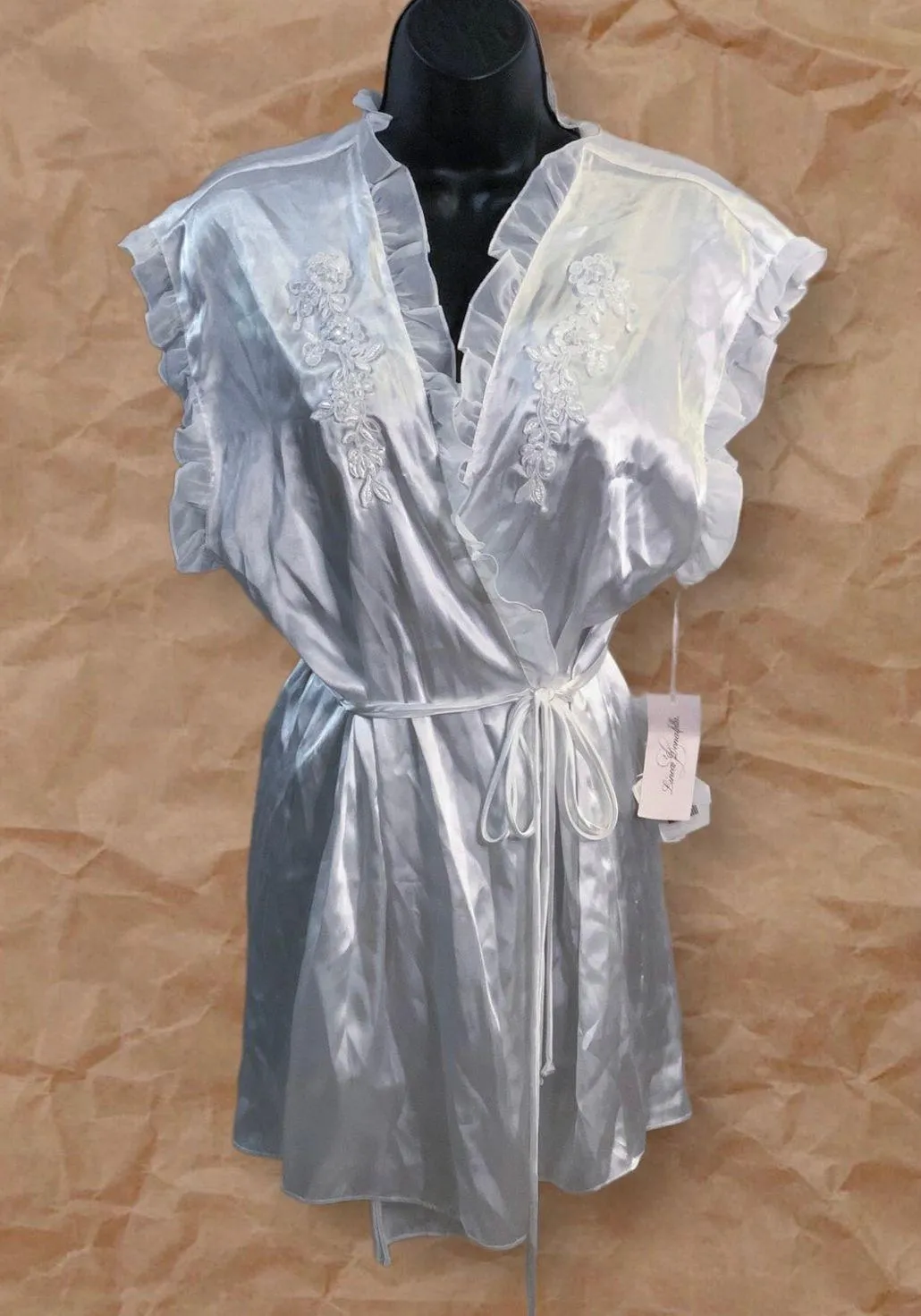 Vintage White Beaded Ruffle Satin Wrap Top Size L - Image 8