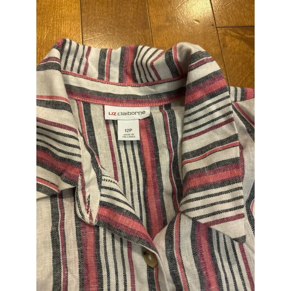 Liz Claiborne Linen stripped sleeveless shirt dress full skirt belted size 12 p - Image 7