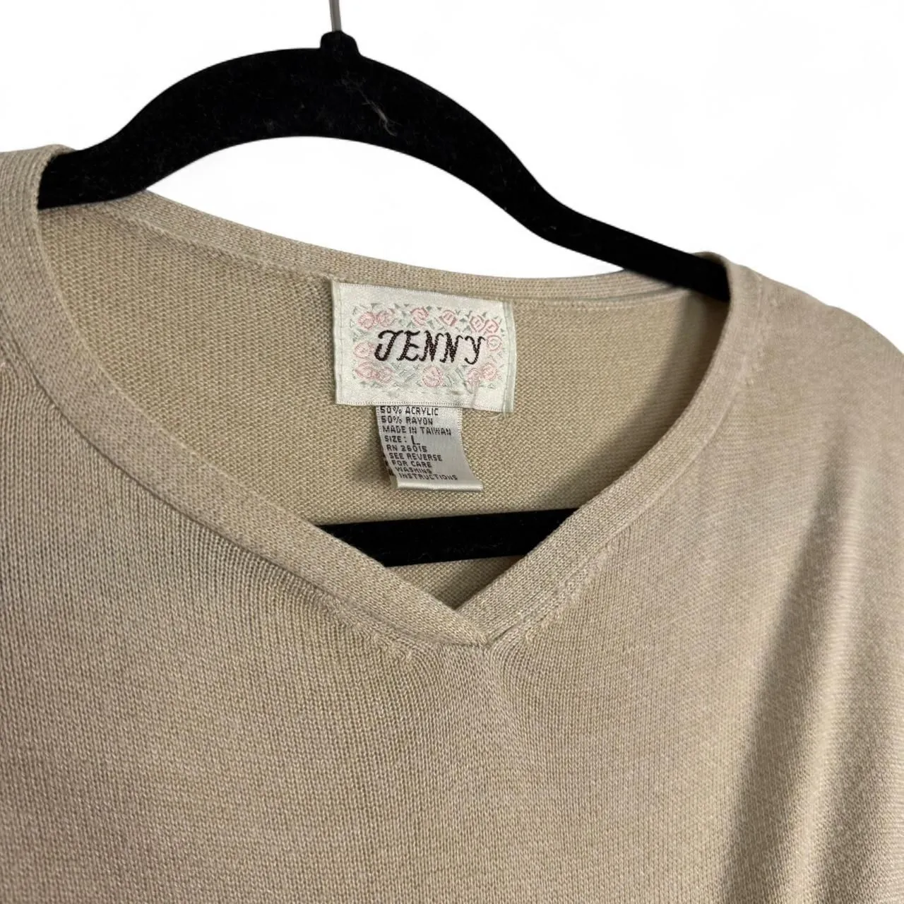 Vintage Jenny Sweater Size L Tan Beige Floral Embroidered Short Sleeve Knit Top Brown Size L - Image 5