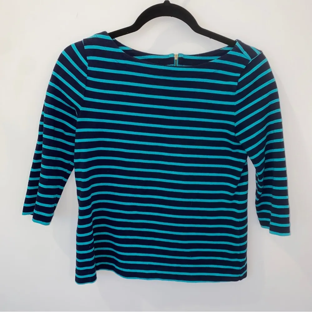 Ann Taylor Loft Petite Teal/Navy Stripe Blue Boat Neck Sweater - Image 2