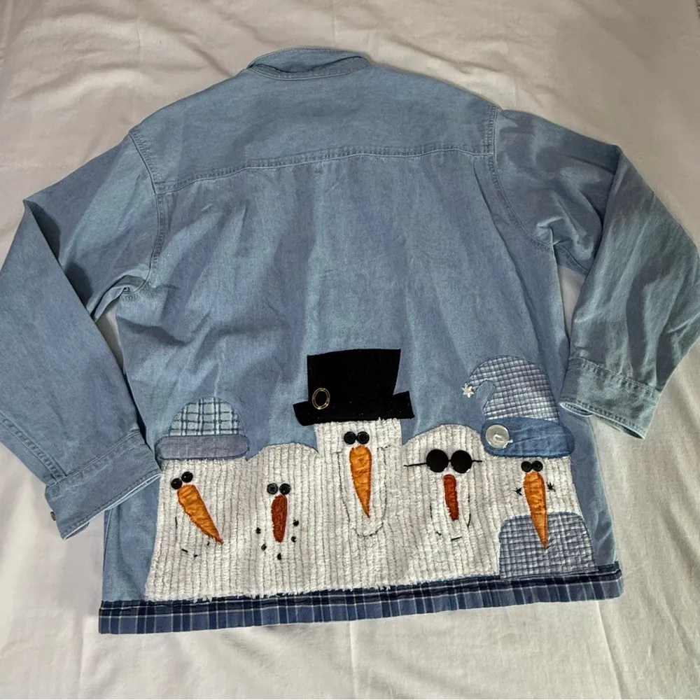 Allsport Denim Jean Shirt Size Large Longsleeve Women Snowman Applique Granny Blue - Image 10