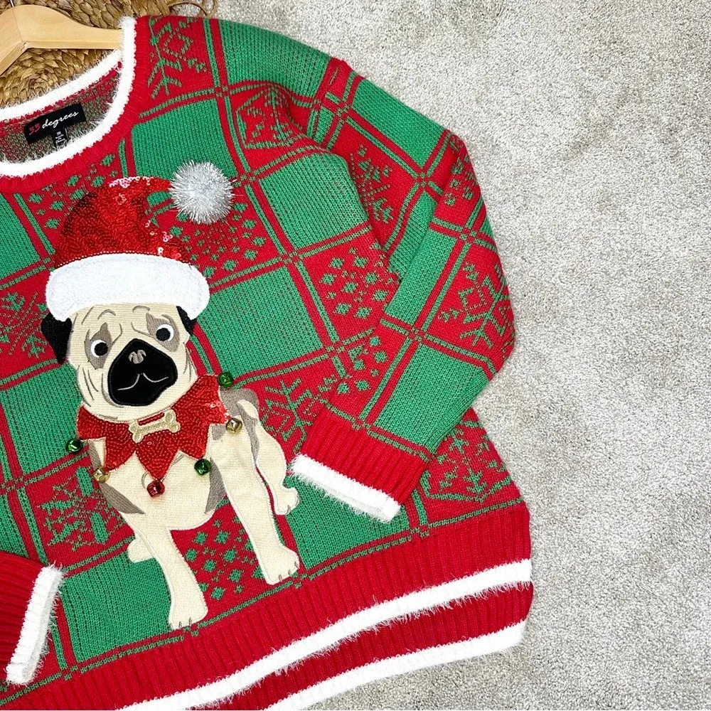 33 Degrees Plaid Pug Dog Puppy Bells Ugly Christmas Knit Sweater Red Green Size M - Image 5